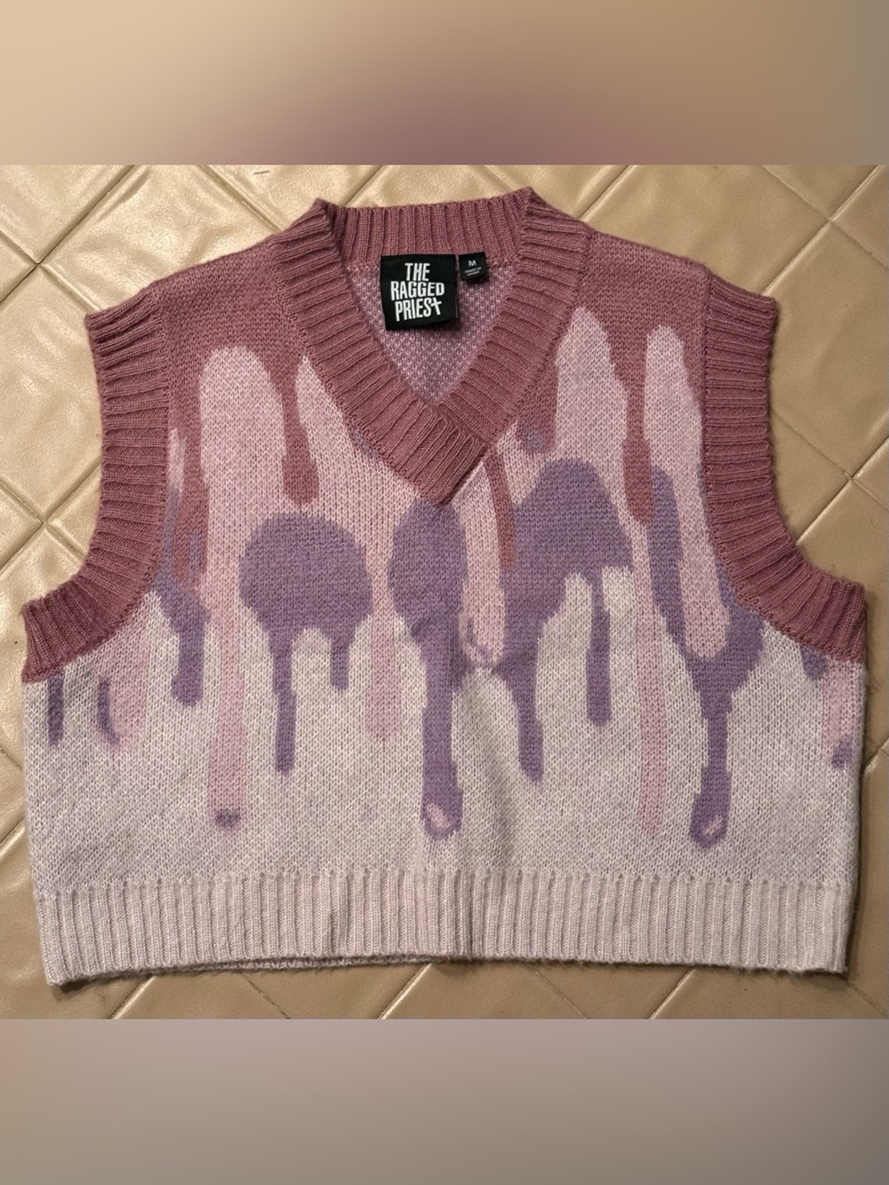 The Ragged Priest Drip Sweater Vest Pink Purple Oversized Knit Size Medium M